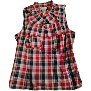 Baby Phat Vintage Y2K Plaid Ruffle Sleeveless Blouse Red Blue Silver Glitter L